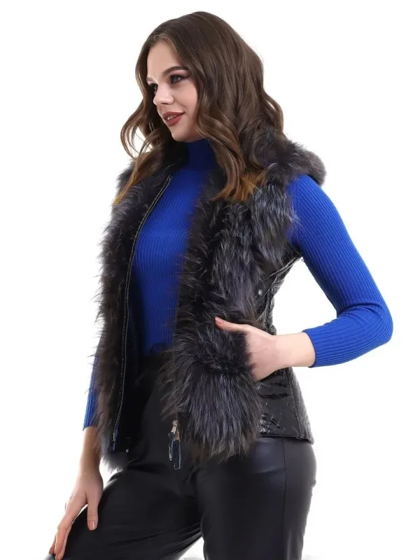 Dámská černá pravá ovčí kůže zip liščí kožešina 2