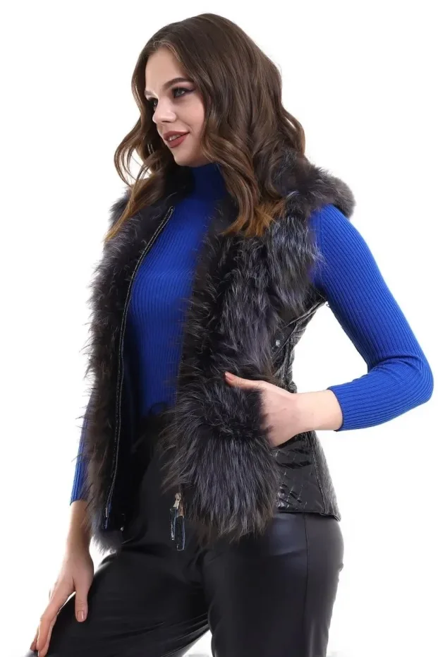 Women's Black Genuine Sheepskin Zippered Fox Fur 2