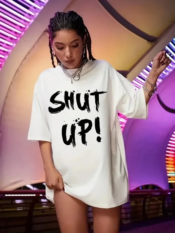 ქალის თეთრი Oversize ველოსიპედის ყელიანი Shut Up პრინტიანი მაისური 1
