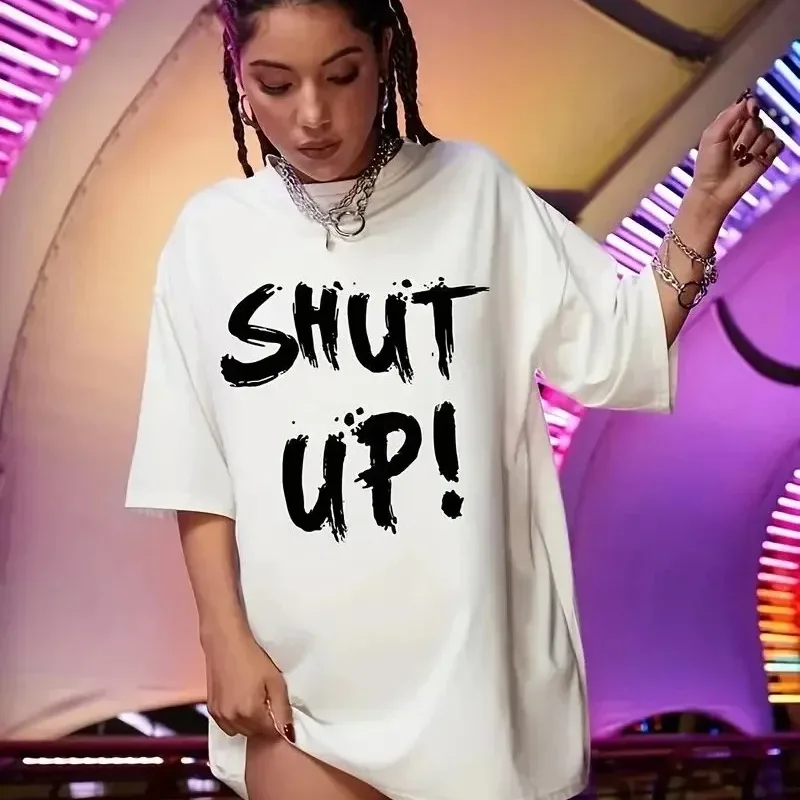 Женски бел oversize велосипед јака Shut Up печатење маица