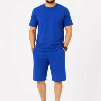 Férfi 2 részes szett oversized kétfonalas anyag póló rövidnadrág szett 2