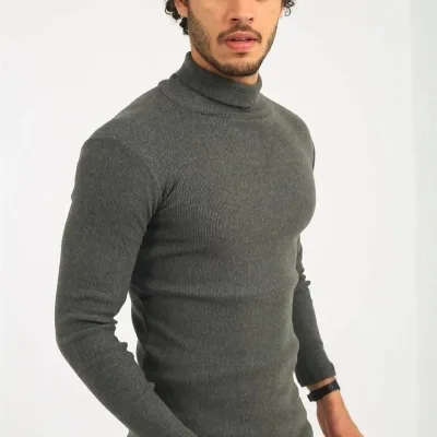 Men's Khaki Turtleneck Ribbed Stretch Bodysuit Sweater 2
