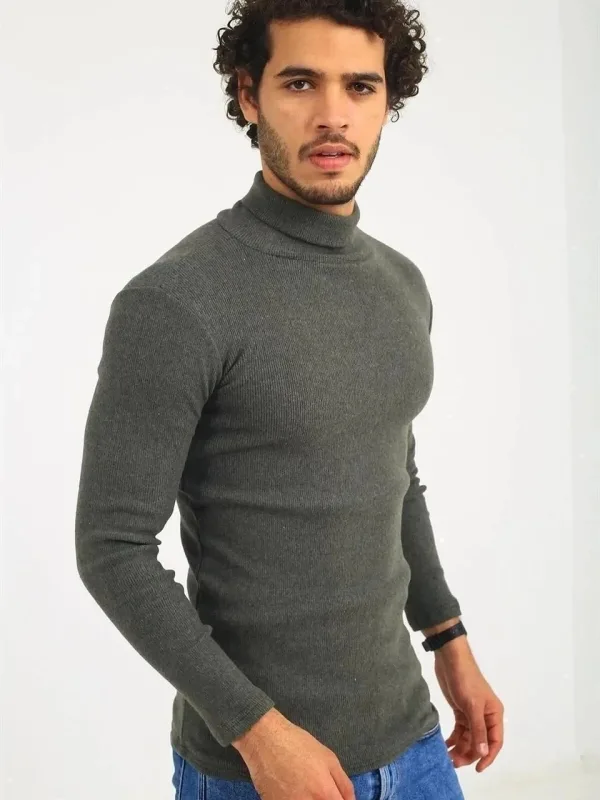 Men's Khaki Turtleneck Ribbed Stretch Bodysuit Sweater 2
