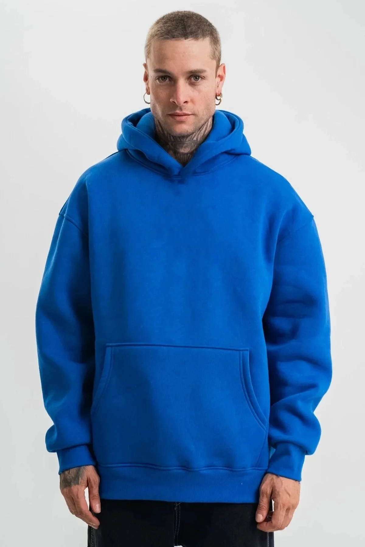 Sweatshirtê Mêran ê Şînê Saks, Oversize, 3 Têl Pembû, Bi Kapşon, Bi Berîkên Kangurû