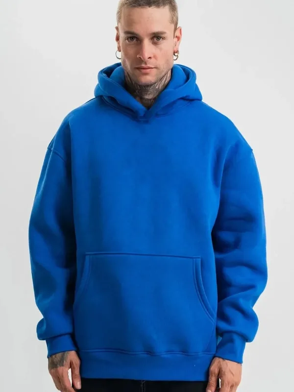 Sweatshirtê Mêran ê Şînê Saks, Oversize, 3 Têl Pembû, Bi Kapşon, Bi Berîkên Kangurû 1
