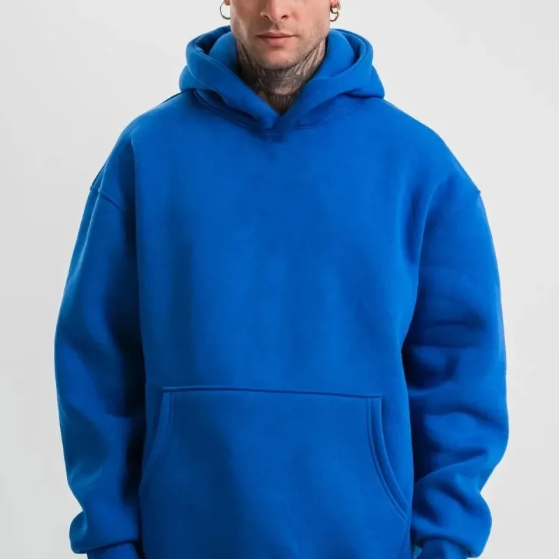 Murš Albastru Saks Oversize 3 Firă Bumbac Capușon Buzunar Cangur Sweatshirt