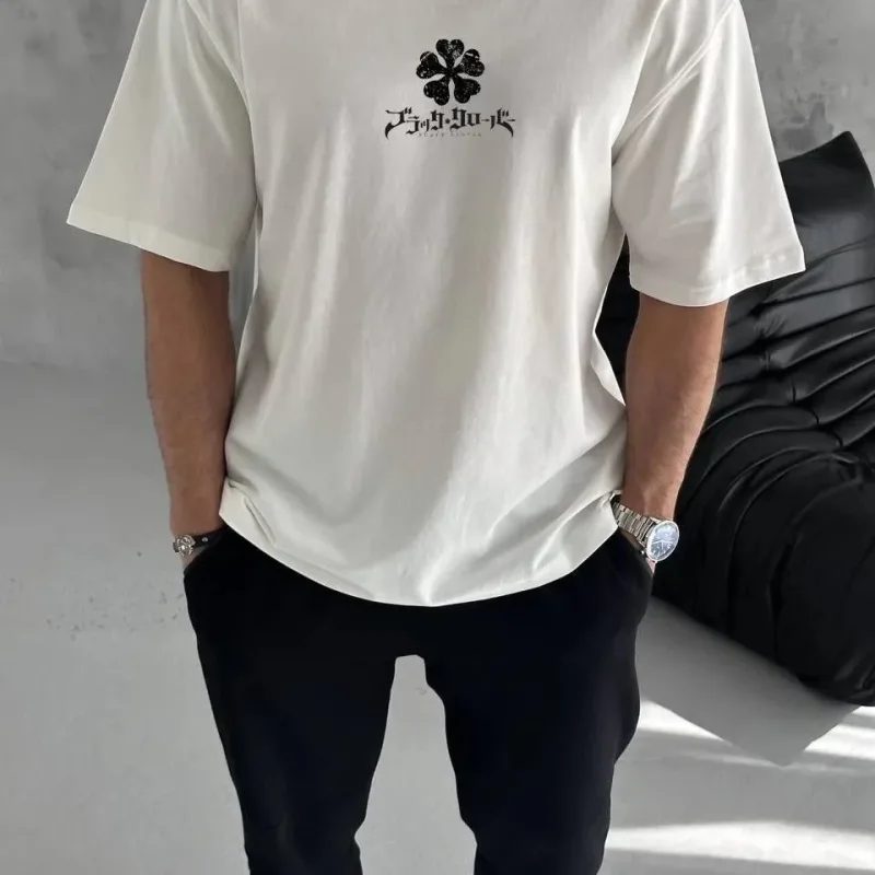 Bărbat Alb Oversize Guler Bicicletă Tricou Imprimat Trifoi