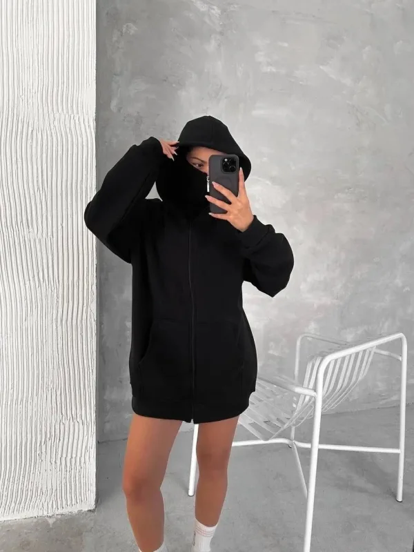 Femeie Neagră 3 Fire Dublă Glugă Mască Detalii Hoodie 7