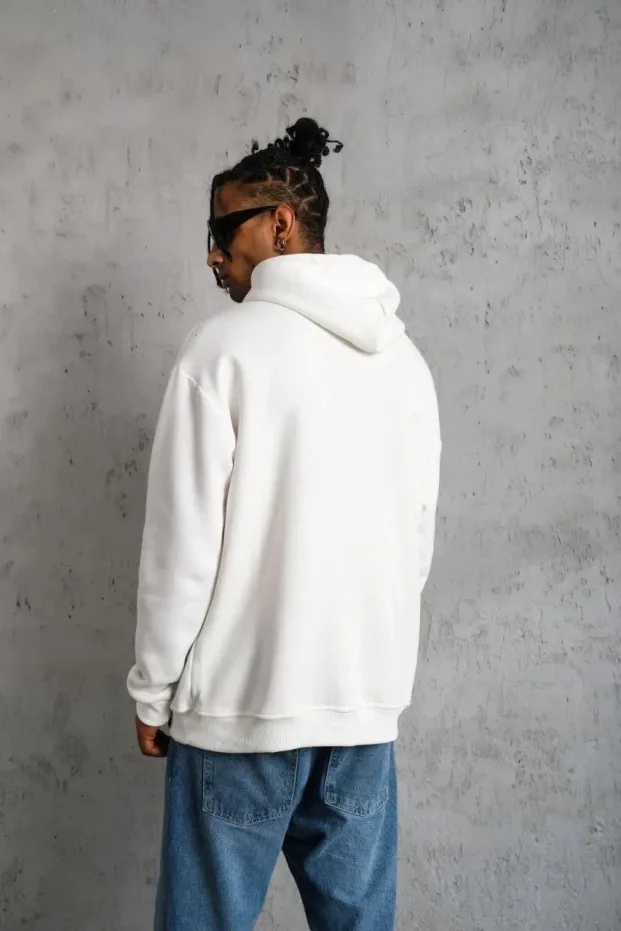 Erkek Beyaz Oversize 3 İplik Pamuklu Kapüşonlu Baskılı Cepli Sweatshirt 2