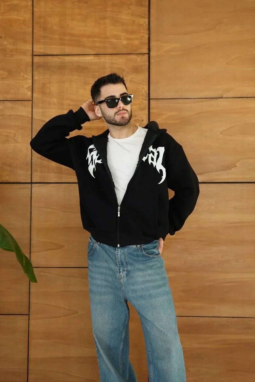 Erkek Siyah Oversize Kapüşonlu 3 İplik Şardonlu Baskılı Fermuarlı Hırka