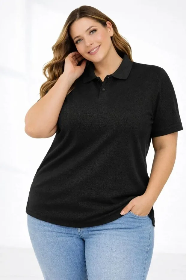 Women's Black Pique Fabric Polo Neck Plus Size T-Shirt 4