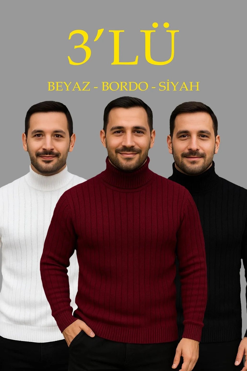 Mêr Spî Bordo Reş 3'lü Set Qirika Tijî Ribbal Triko Kazak