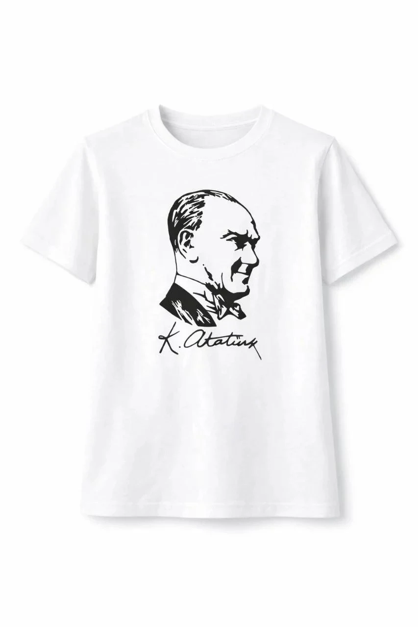 Dětské bílé tričko s kulatým výstřihem, potisk Atatürk, krátký rukáv