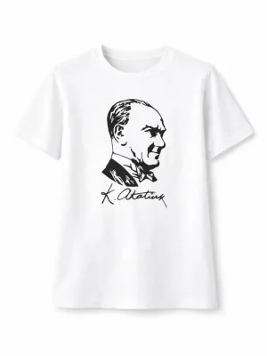 Dětské bílé tričko s kulatým výstřihem, potisk Atatürk, krátký rukáv