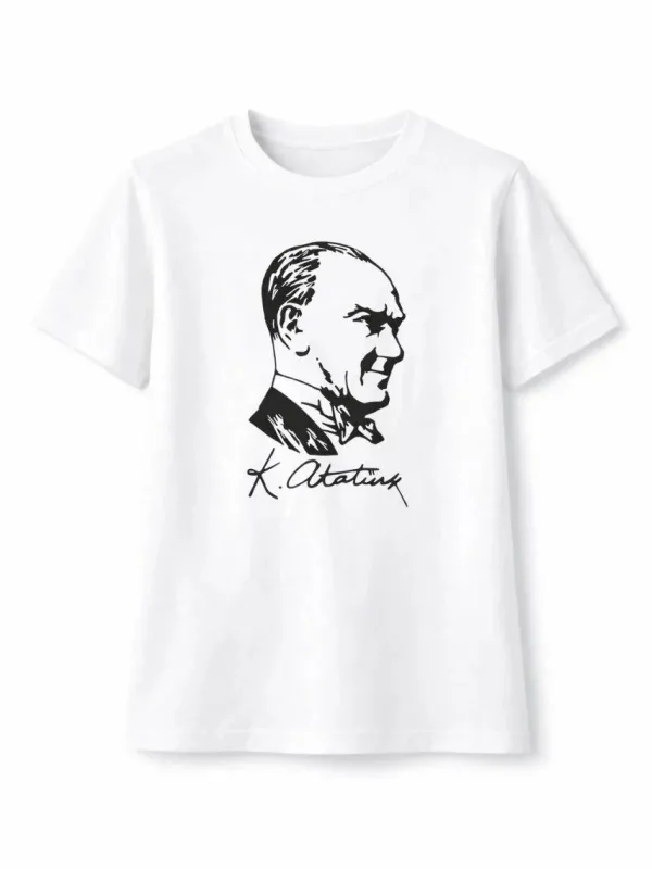 Dětské bílé tričko s kulatým výstřihem, potisk Atatürk, krátký rukáv 1
