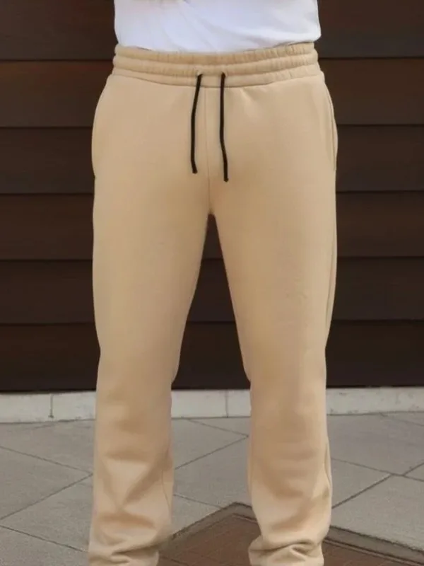 Men's Beige Oversized 3-Thread Cotton Drawstring Pocket Sweatpants 3
