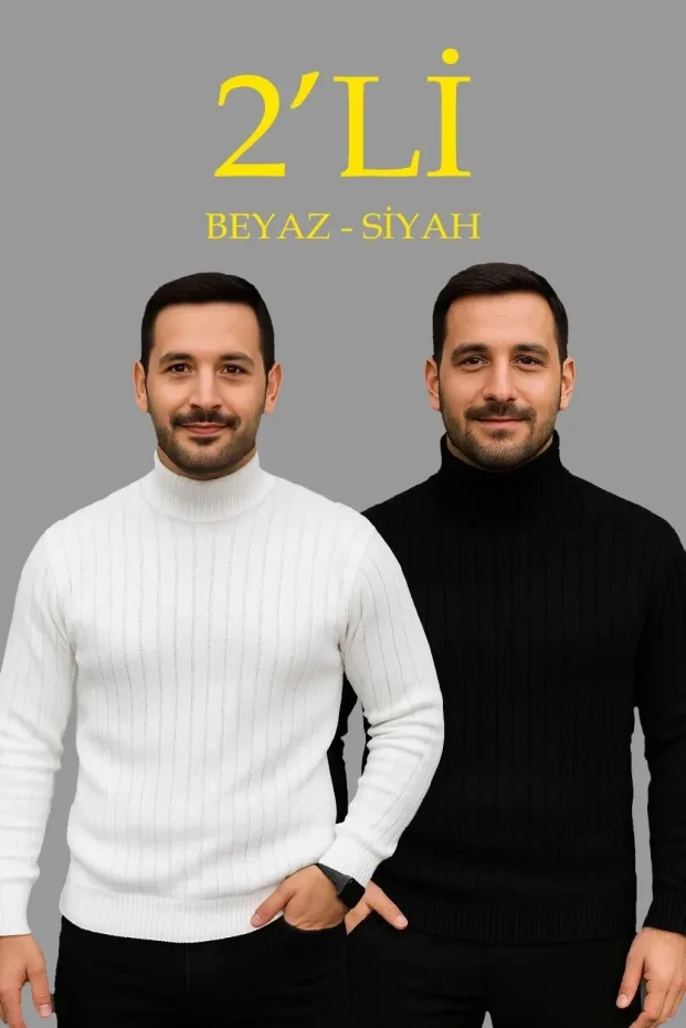 Masculin Alb-Negru Canelat Guler Turtleneck Tricou Set 2 1