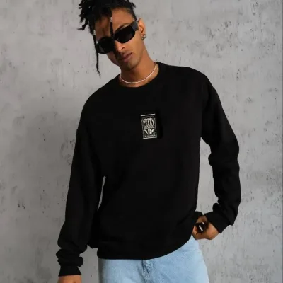 Men's Black Oversize 3-Thread Cotton Printed Crew Neck Sweatshirt 2