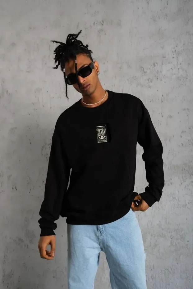Sweatshirtê Mêran ê Reş Oversize 3 Têl Pembû Bi Stûyê Bisîkletê, Çapkirî 2