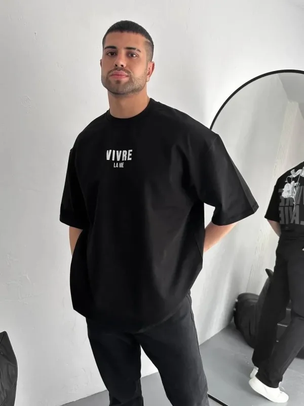 Men's Black Regular Cycling Neck Front Back Printed T-Shirt 4