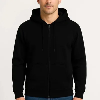Men Black 3-Thread Cotton Full Zip Hooded Pocket Sweatshirt 6