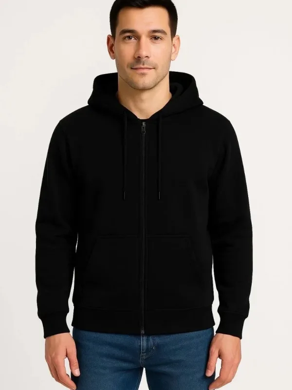 Men Black 3-Thread Cotton Full Zip Hooded Pocket Sweatshirt 6