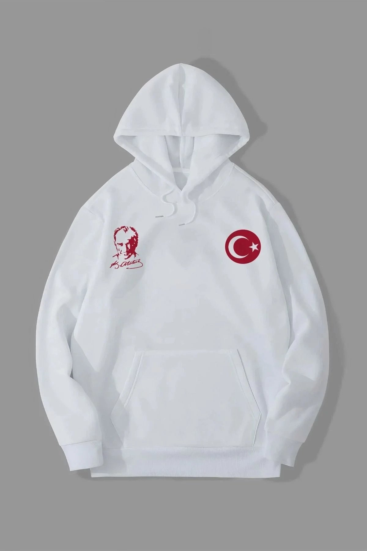 Sweatshirtê Mêran ê Spî ê 3 Têlî yê Bi Kevan û Çapkirî 1