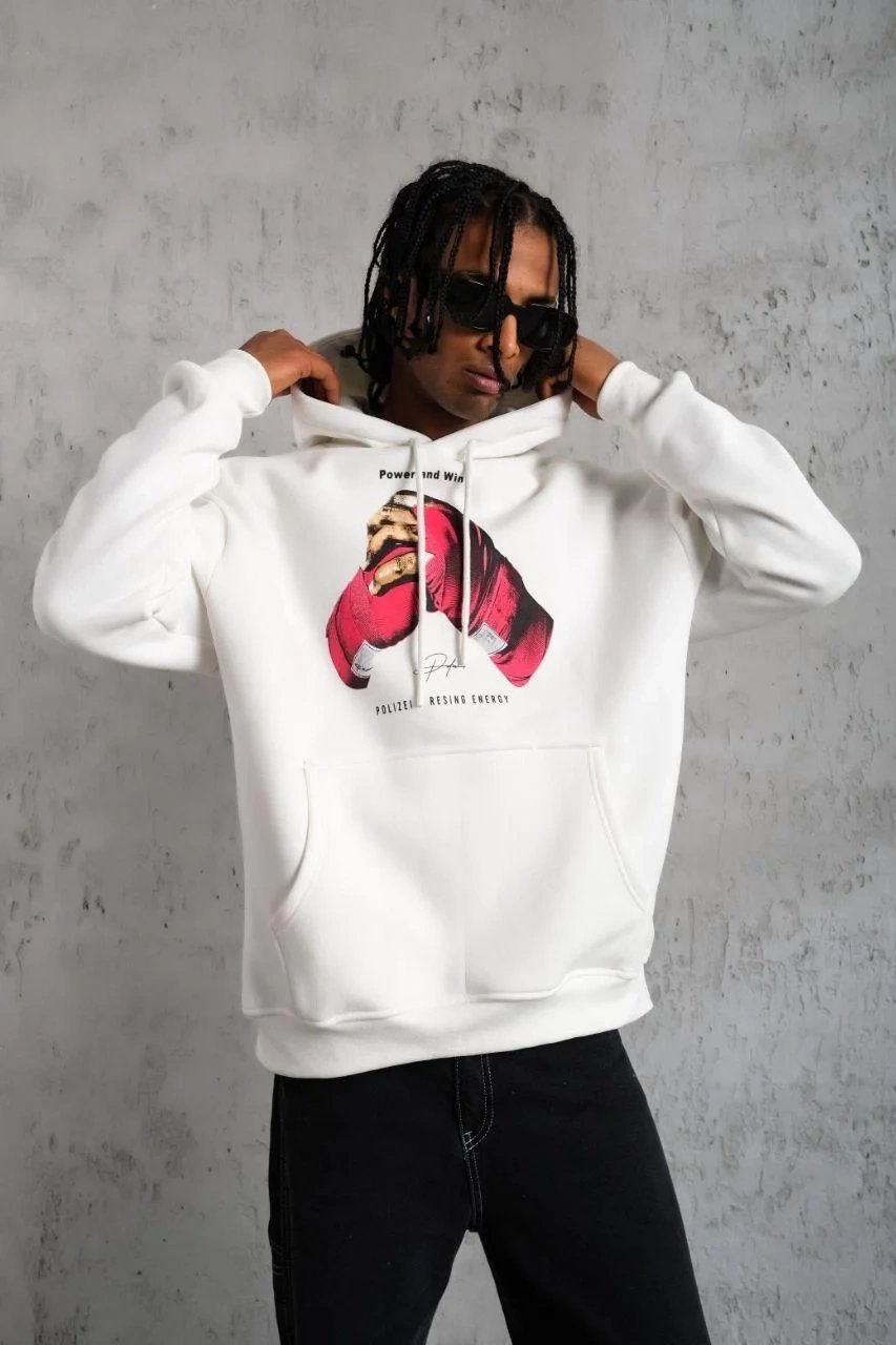 Erkek Beyaz Oversize Kapüşonlu Baskılı 3 İplik Sweatshirt