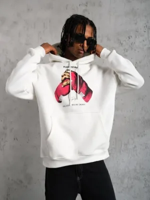 Bărbați Alb Oversize Glugă Imprimat 3 Fire Sweatshirt