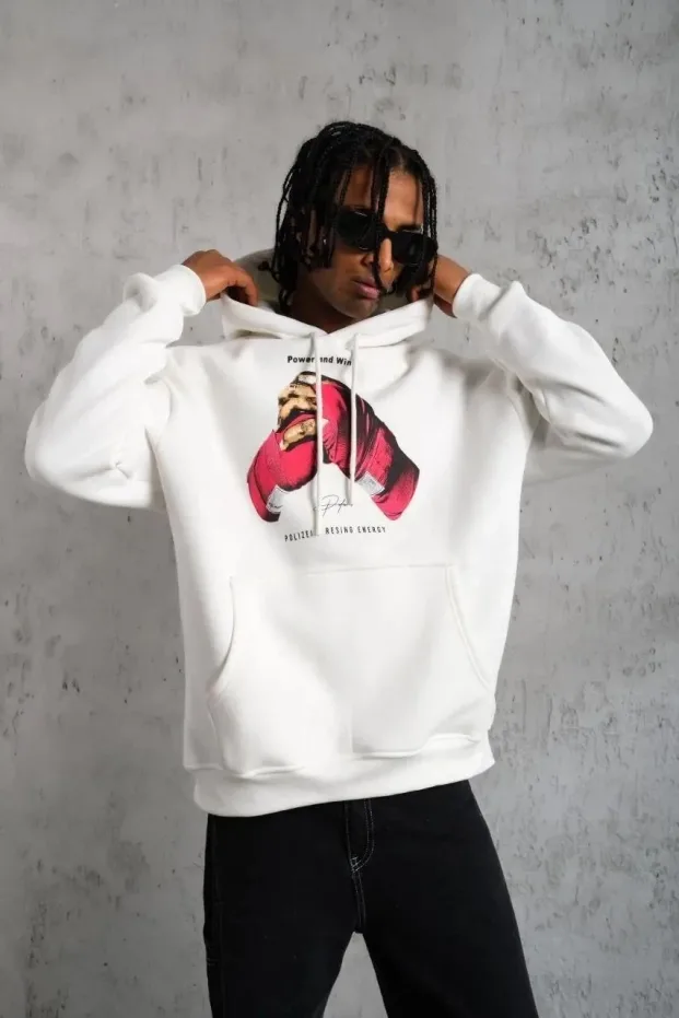 Erkek Beyaz Oversize Kapüşonlu Baskılı 3 İplik Sweatshirt 1