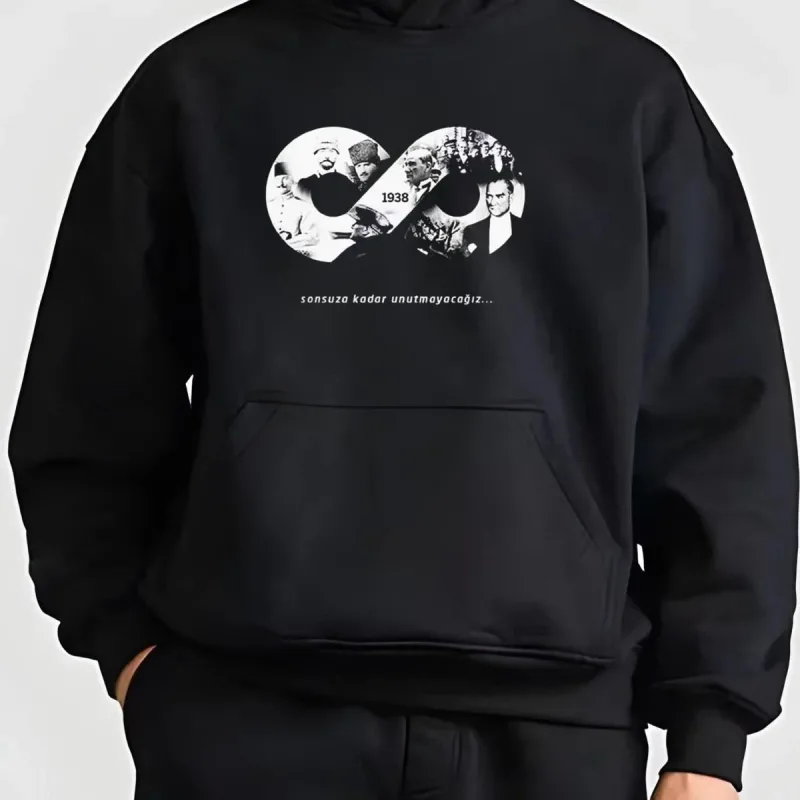 Muška crna 3 niti kapuljača tiskani sweatshirt