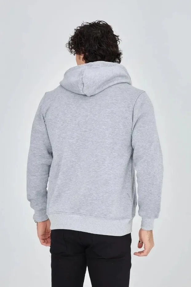Erkek Gri 3 İplik Pamuklu Fermuarlı Kapüşonlu Baskılı Hoodie 2