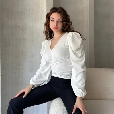 V-Neck Drape Detail Crepe Blouse White 1