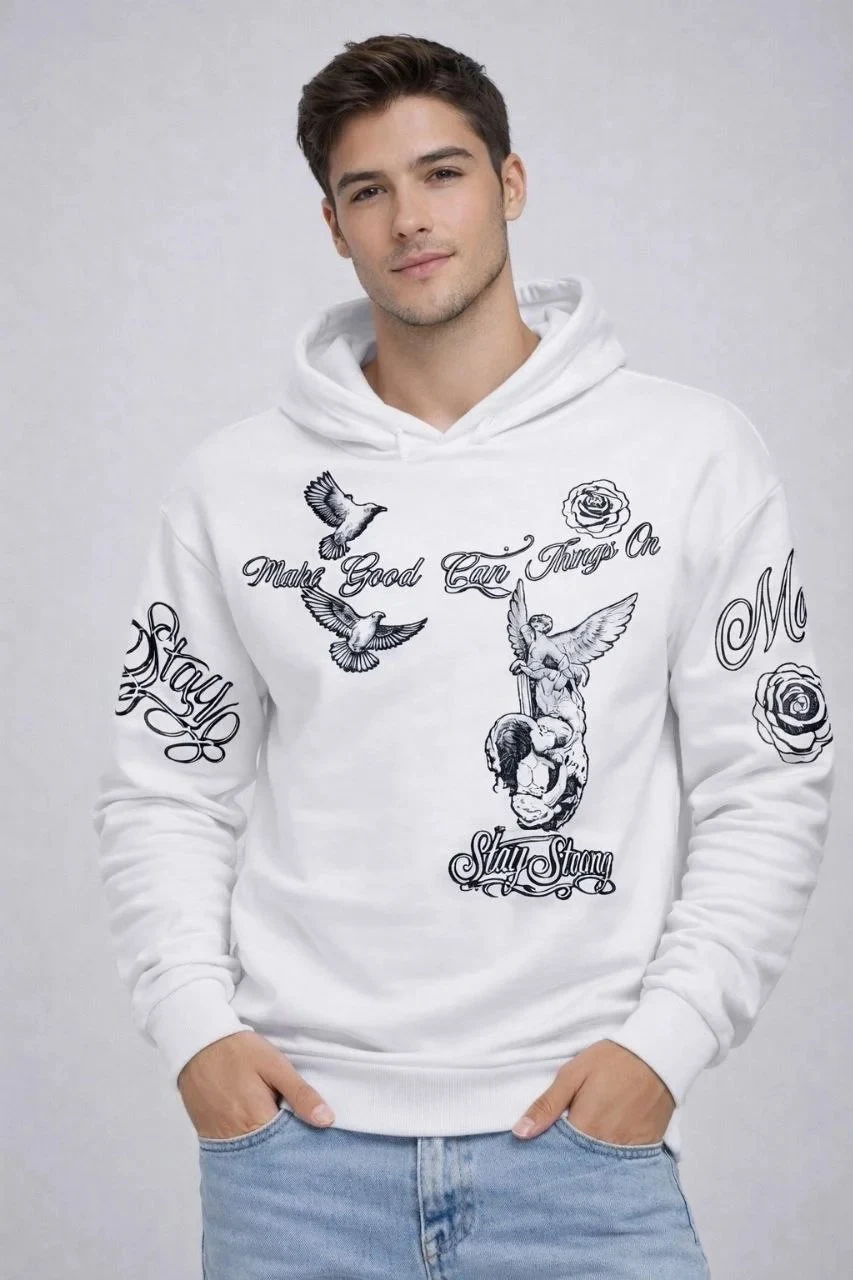 Muški bijeli 3-nitni pamučni kapuljačasti tiskani sweatshirt