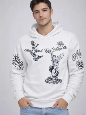 Muški bijeli 3-nitni pamučni kapuljačasti tiskani sweatshirt