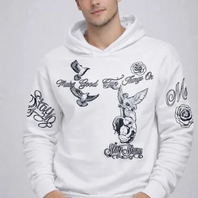 Muški bijeli 3-nitni pamučni kapuljačasti tiskani sweatshirt 1