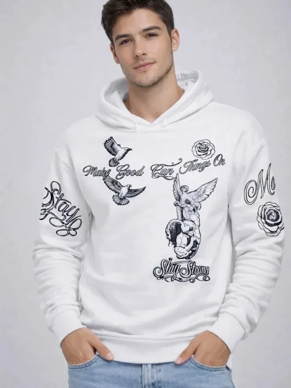 Muški bijeli 3-nitni pamučni kapuljačasti tiskani sweatshirt 1