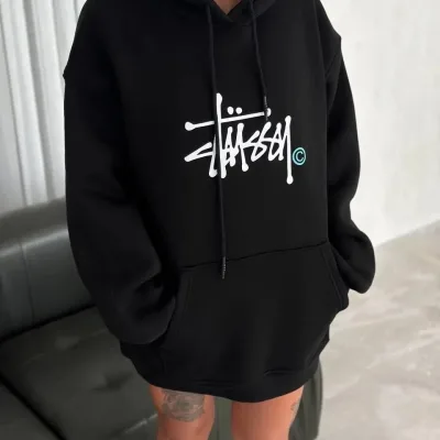 Women's Black Oversize Hoodie with Pocket Printed 3-Thread Cotton Sweatshirt 1