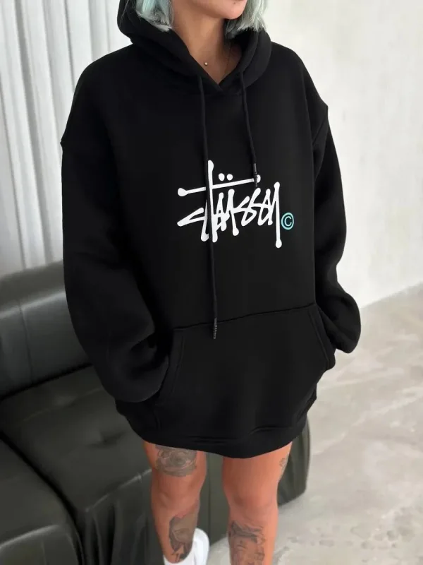 Women's Black Oversize Hoodie with Pocket Printed 3-Thread Cotton Sweatshirt 1