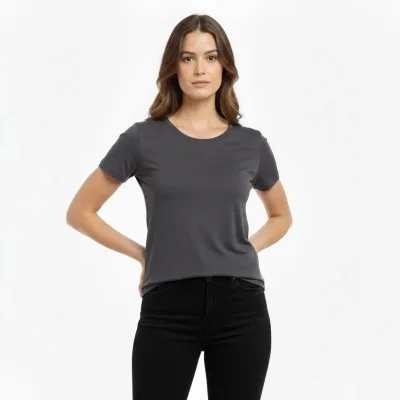 Femeie Tricou Basic Fum Slim Fit cu Guler Bicicletă, Elastan 3