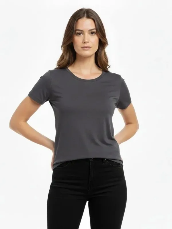 Femeie Tricou Basic Fum Slim Fit cu Guler Bicicletă, Elastan 3
