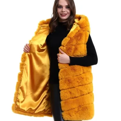 Qadın Sarı Uzun Başlıqlı Xəz Yelek Premium Astarlı 3