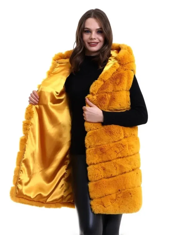 Qadın Sarı Uzun Başlıqlı Xəz Yelek Premium Astarlı 3