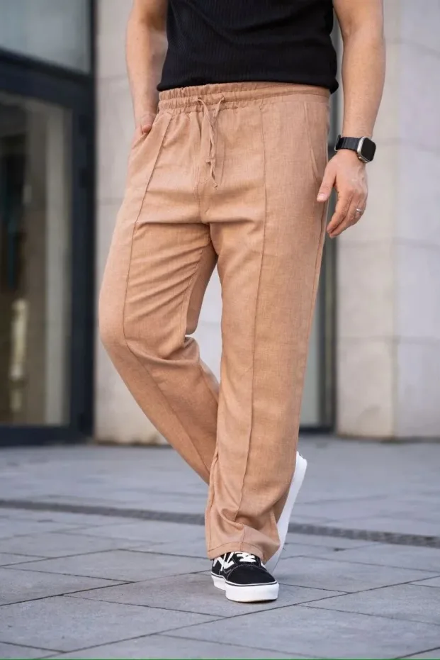Muške smeđe lanene jogger pantalone sa džepovima i šavovima 2