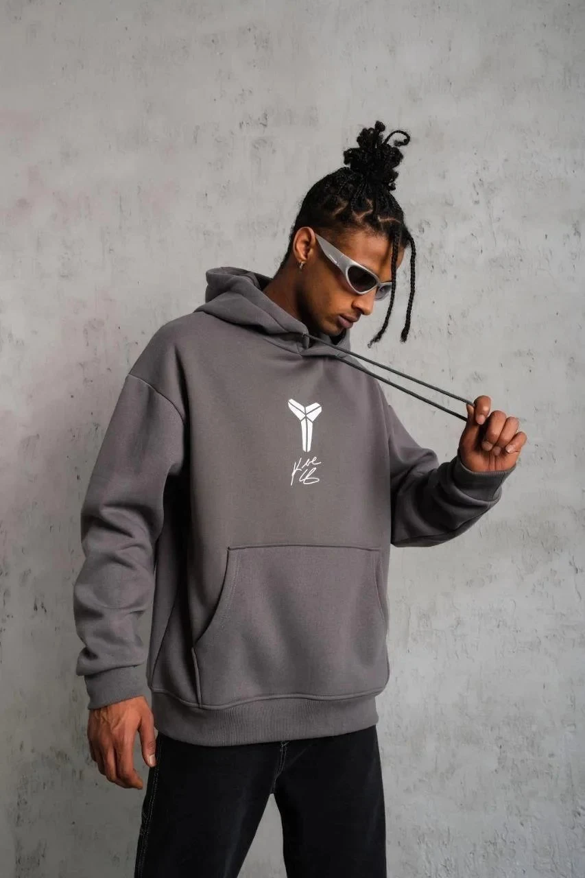 Bărbați Gri 3 Fire Bumbac Imprimat Capușon Sweatshirt