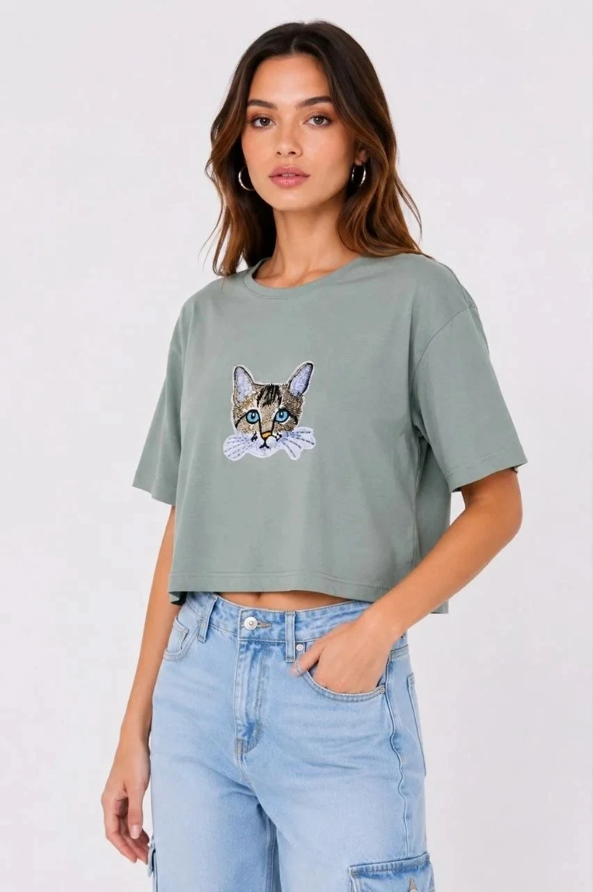 Kadın Mint Yeşili Oversize Kedi Baskılı Crop Tişört
