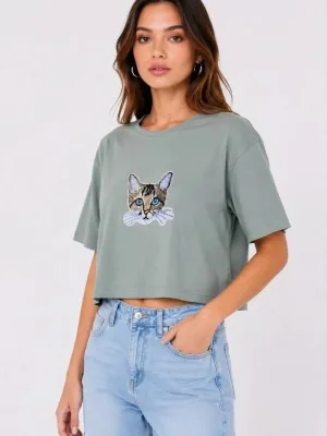 Kadın Mint Yeşili Oversize Kedi Baskılı Crop Tişört