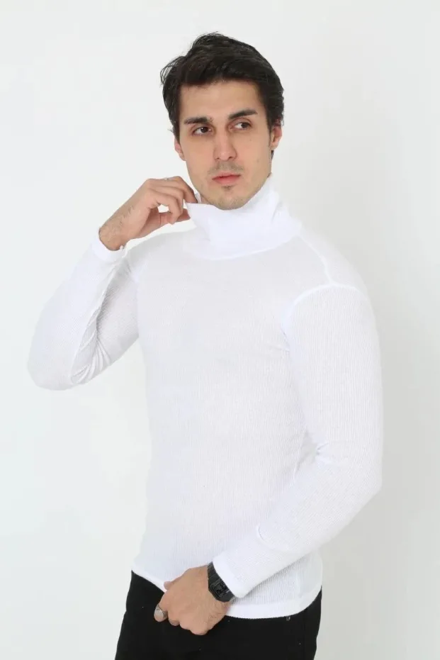 Erkek Beyaz Slim Fit Likralı Kaşkorse Boğazlı Body 1