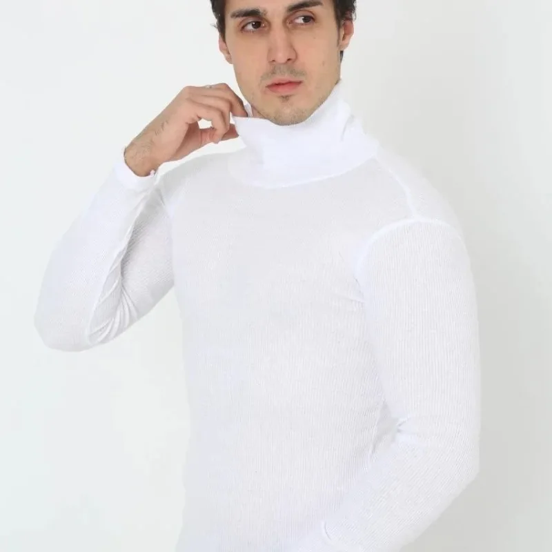 Men's White Slim Fit Stretch Scoop Neck Turtleneck Bodysuit