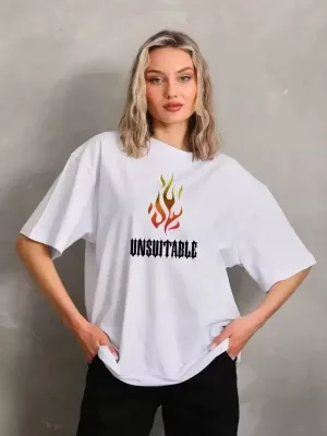 Femeie Tricou Alb Oversize cu Guler Bicicletă, Imprimare